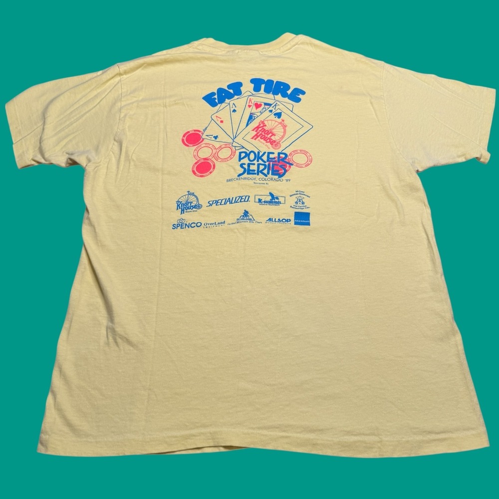 VTG Bicycle Shop T Shirt Mens XL Fat Tire Yellow The Knorr House 1989 Poker